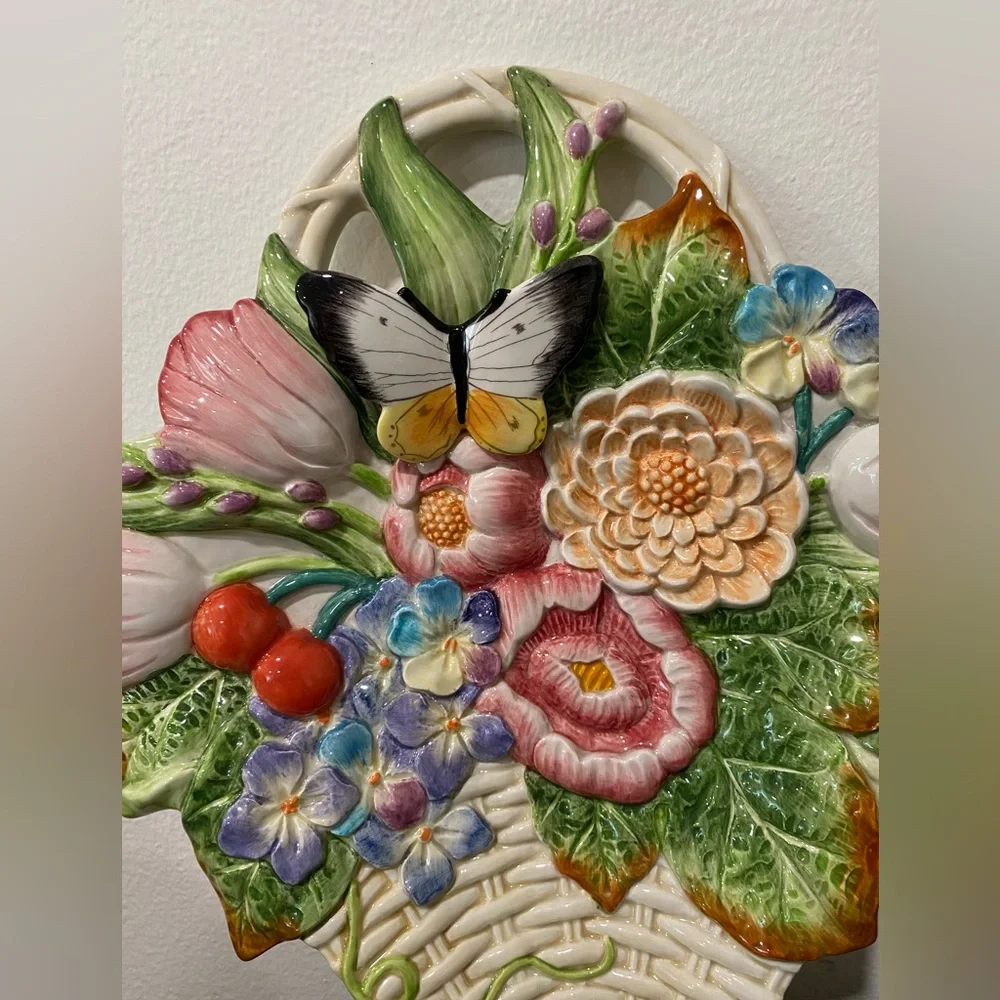 Fitz and Floyd Floral Basket Wall Plaque in White, Green, Pink, Yellow and Blue